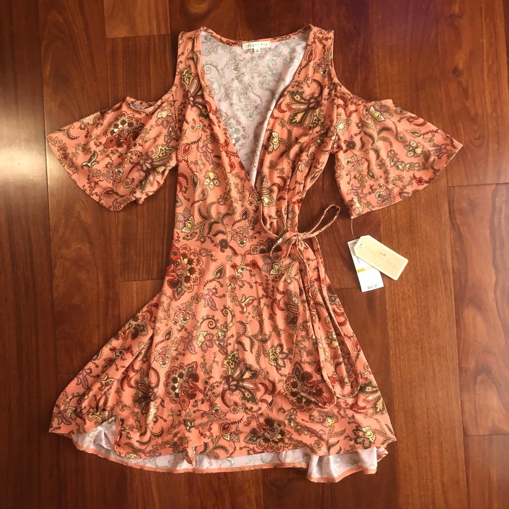 Juniors Copper Key Floral Wrap Cold Shoulder Dress